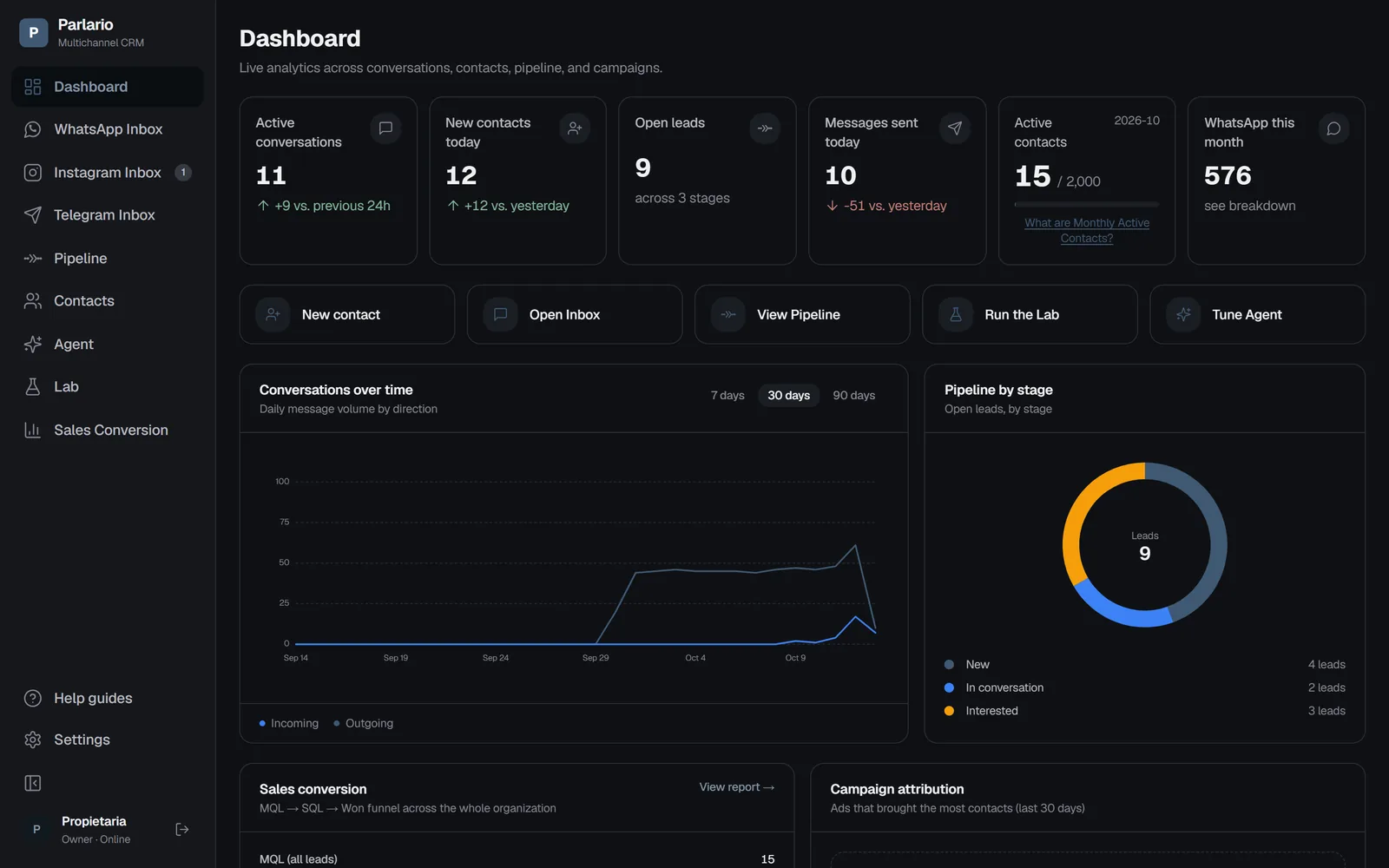 Parlario dashboard: active conversations, new contacts, open leads, and conversations over time.