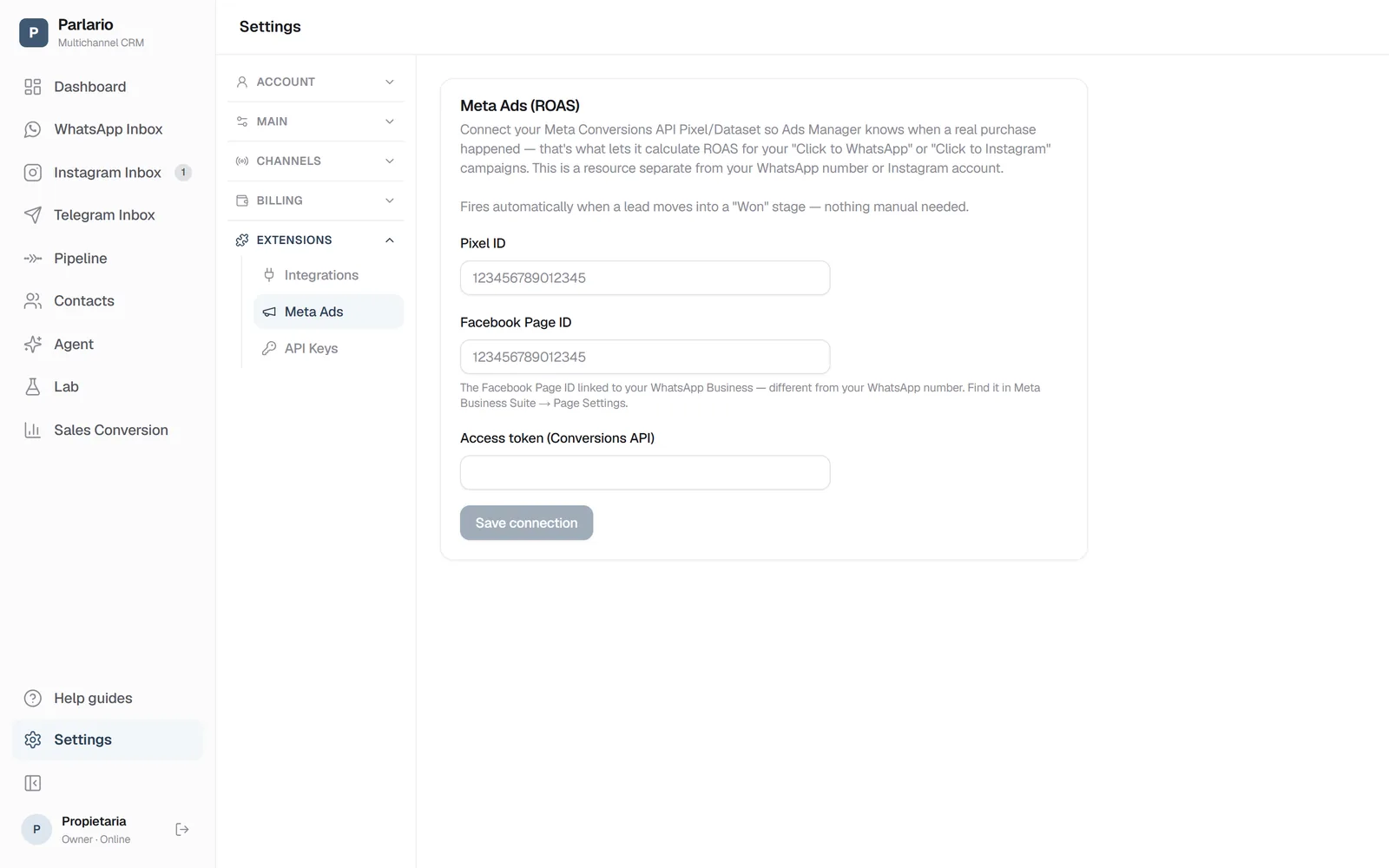 Settings → Meta Ads in Parlario: connect your Pixel and Conversions API token