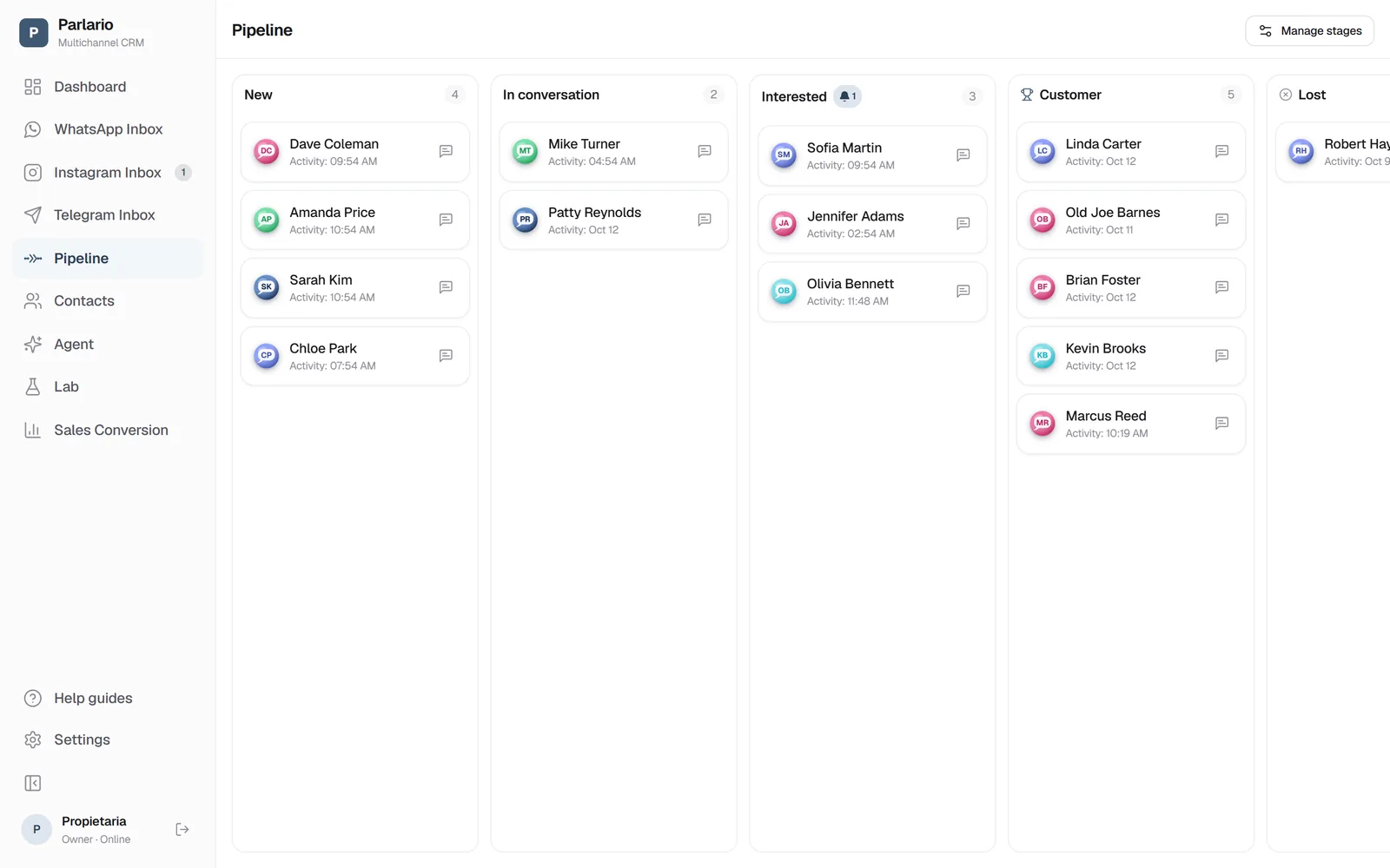 Parlario sales pipeline kanban board with WhatsApp contacts organized by stage