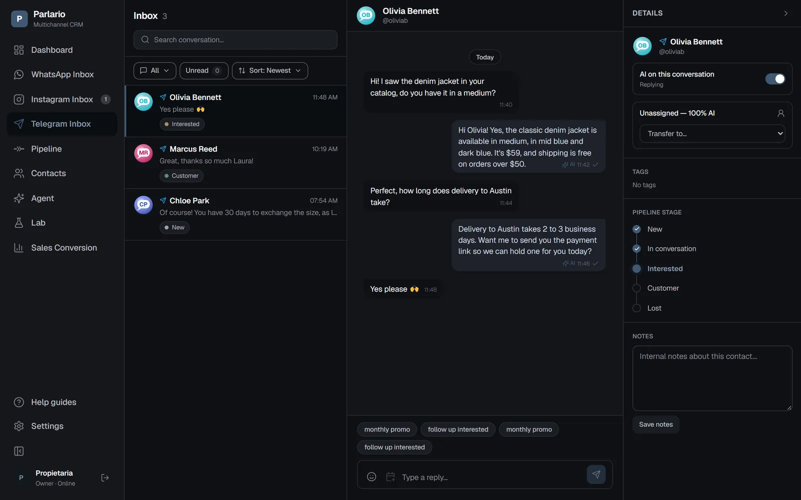 Parlario's Telegram Inbox: the conversation with a customer and the AI agent's replies