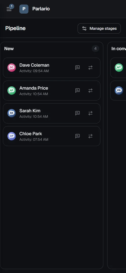 Parlario on a phone: the sales pipeline, one stage at a time.
