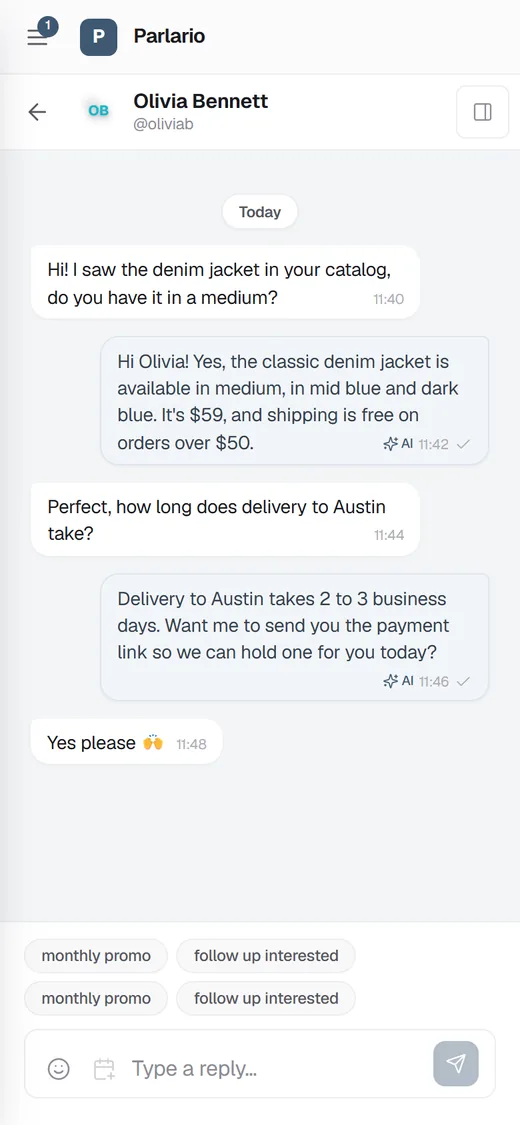 Parlario on a phone: a conversation in the Telegram Inbox, with the AI agent's replies marked.