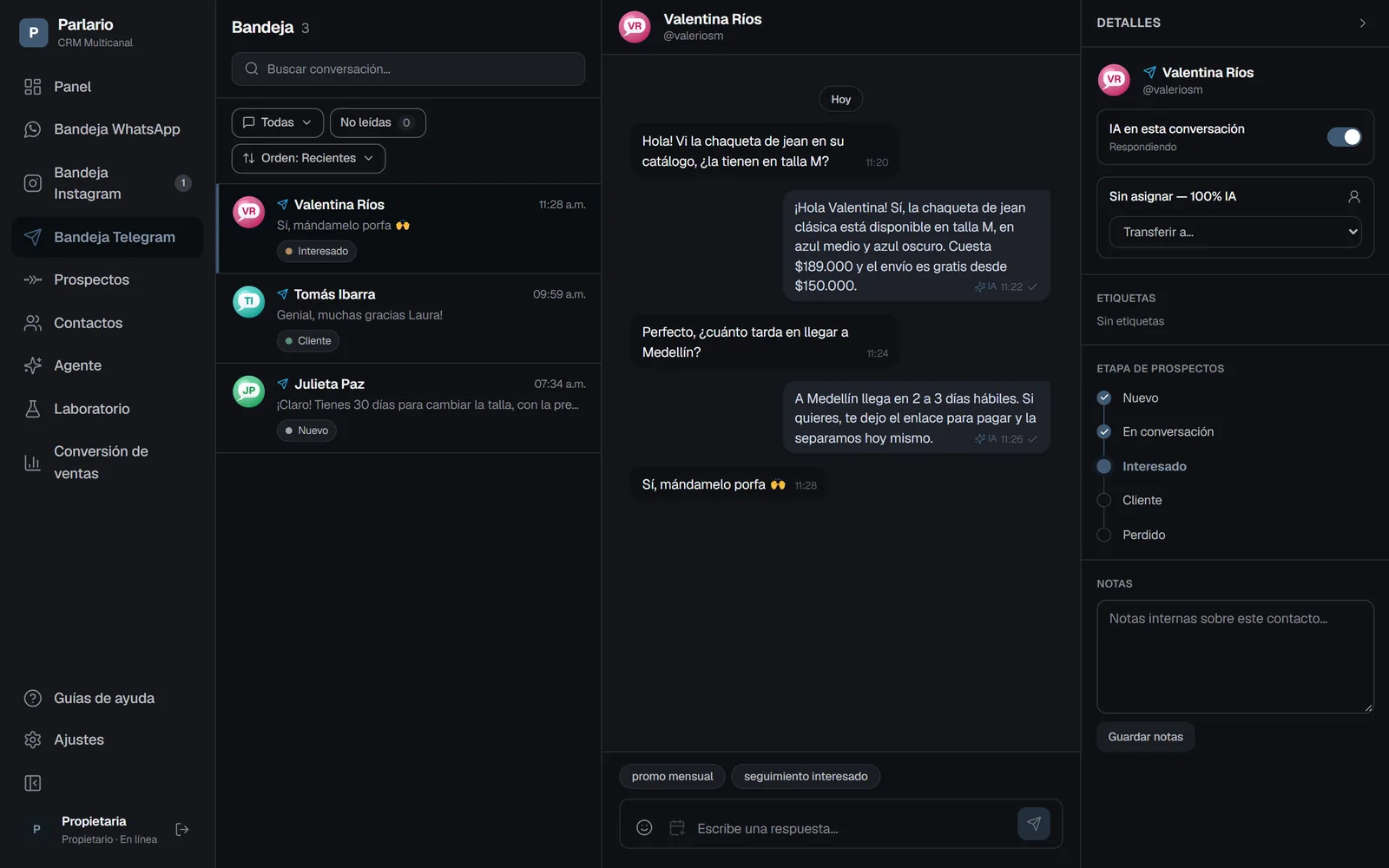 Bandeja de Telegram de Parlario: la conversación con un cliente y las respuestas del agente de IA