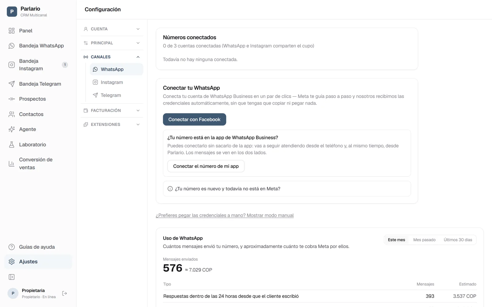 Ajustes → Canales → WhatsApp en Parlario: estado del número conectado, con el modo manual disponible como alternativa