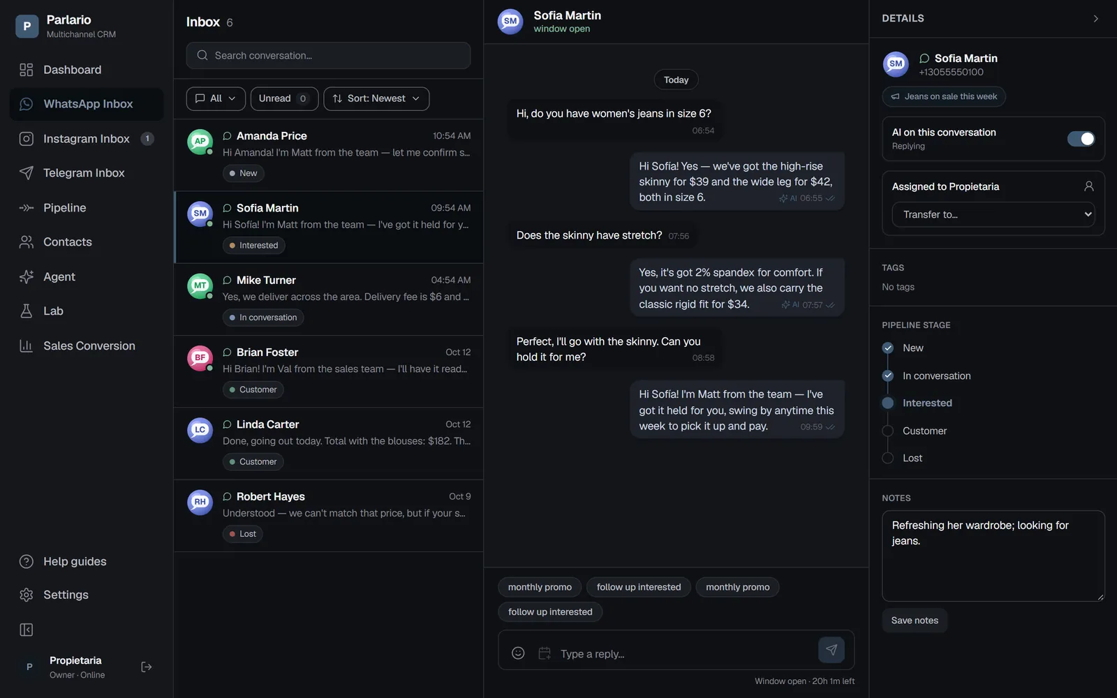 The Inbox: conversations on the left, the thread in the middle and the contact's details on the right