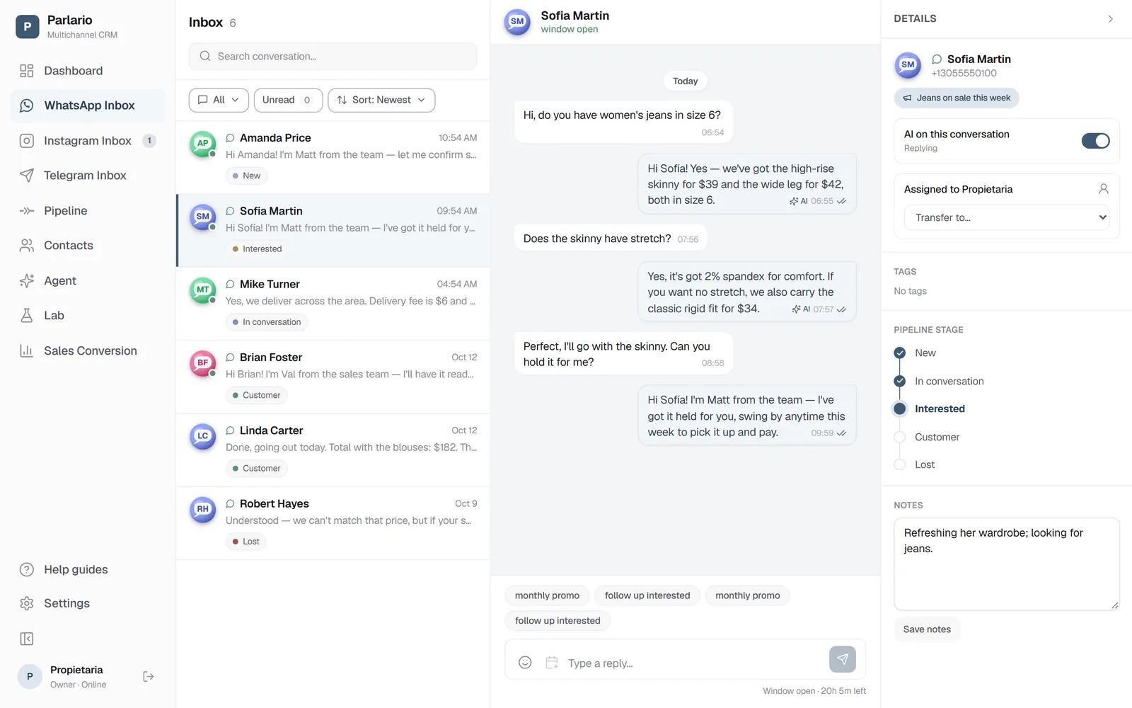 The Inbox: conversations on the left, the thread in the middle and the contact's details on the right