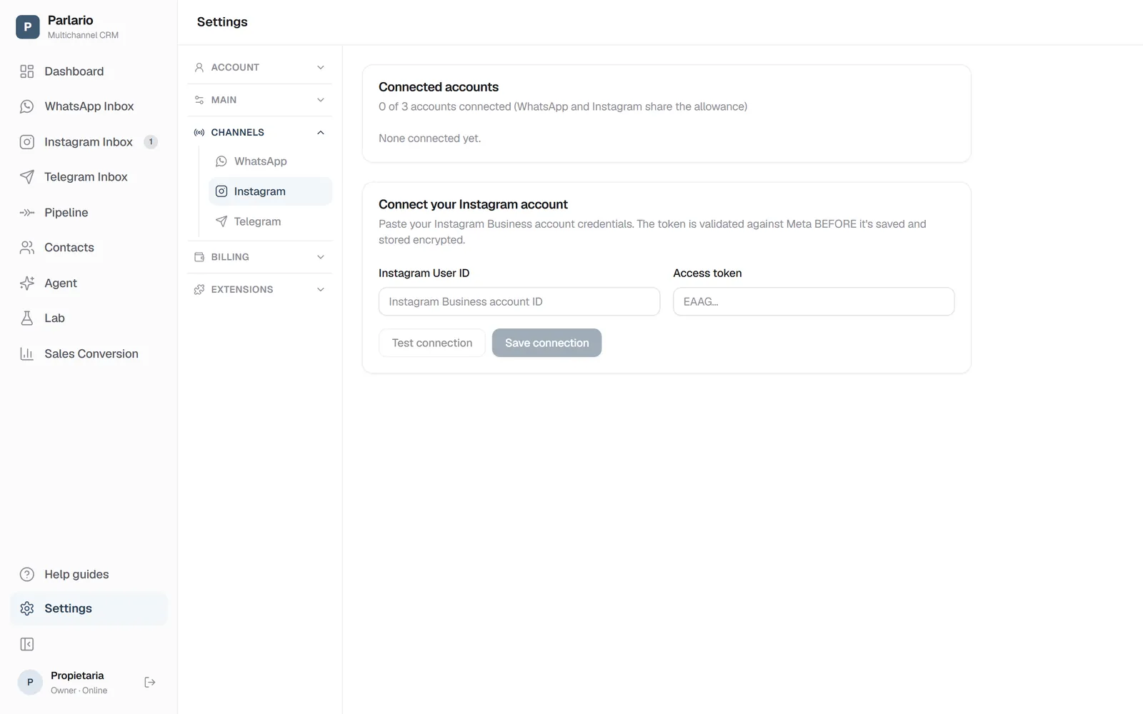 Settings → Channels → Instagram