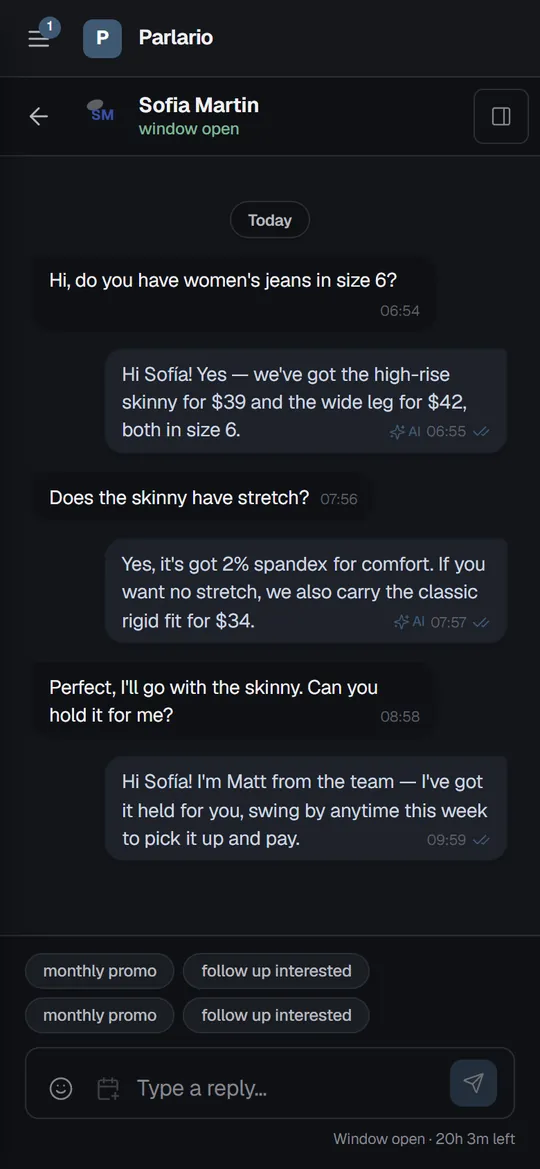 A conversation on the phone, with the AI Agent's replies marked