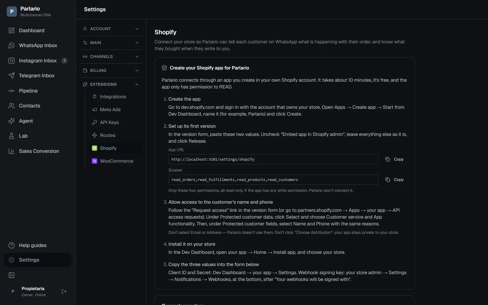 Settings → Shopify