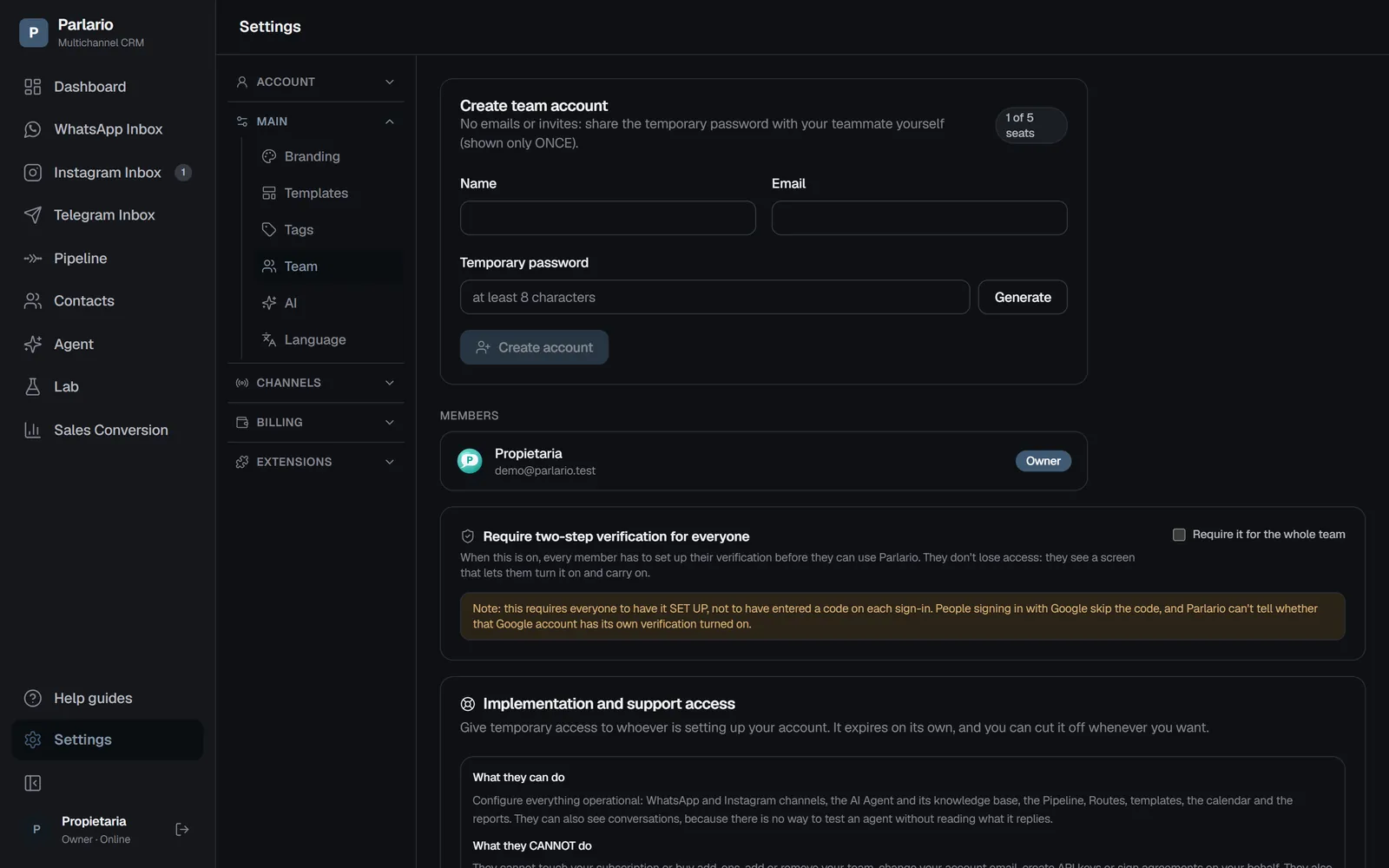 Settings → Team: implementation access is further down the page