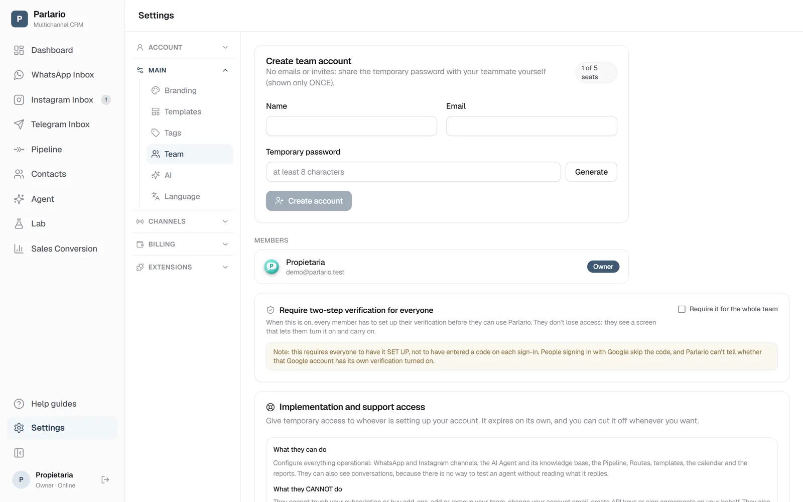 Settings → Team: implementation access is further down the page
