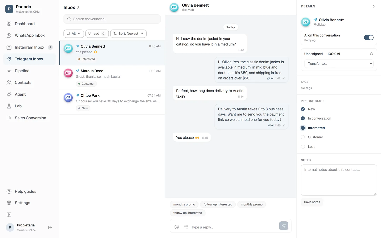 The Telegram Inbox: the customer's @username, the AI Agent's replies and the Pipeline stage