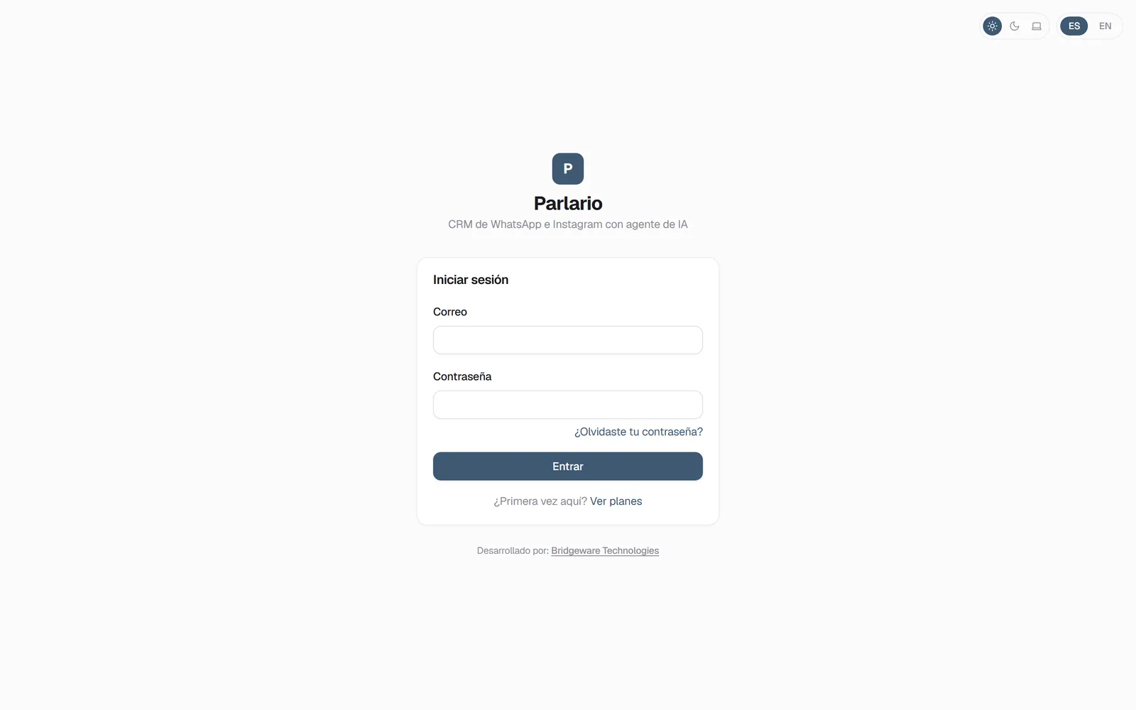 La pantalla para iniciar sesión en Parlario