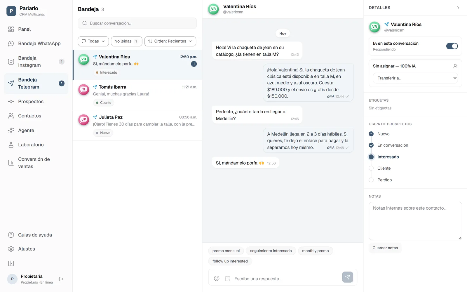 La Bandeja de Telegram: el @usuario del cliente, las respuestas del Agente de IA y la etapa del Pipeline