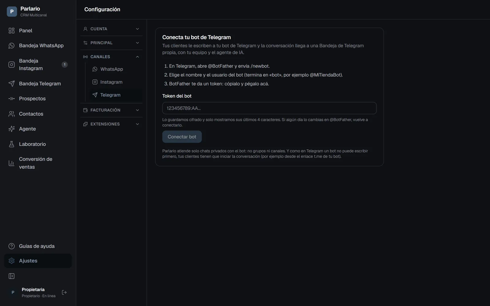 Ajustes → Canales → Telegram: aquí pegas el token de tu bot