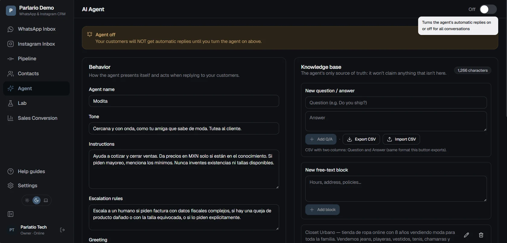Agent setup: behaviour, knowledge base and escalation rules.